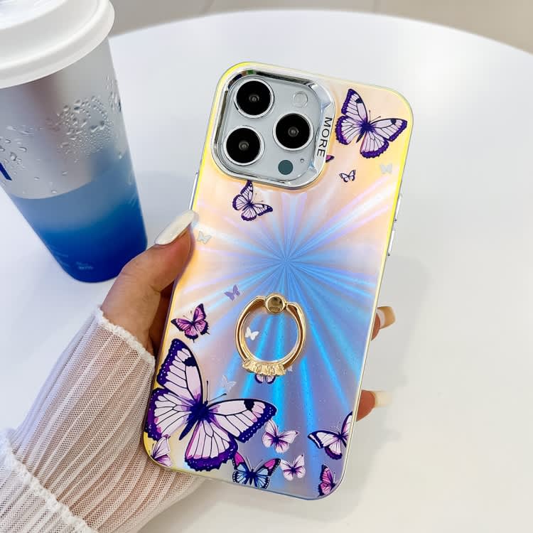 For iPhone 15 Pro Max Electroplating Laser Butterfly Ring Holder Phone Case(Purple Butterflies AB3)