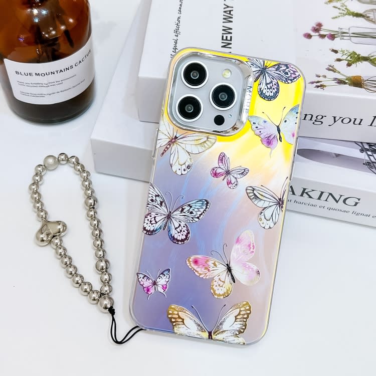 For iPhone 15 Pro Electroplating Laser Butterfly Phone Case with Wrist Strap(Pink Butterflies AB2)