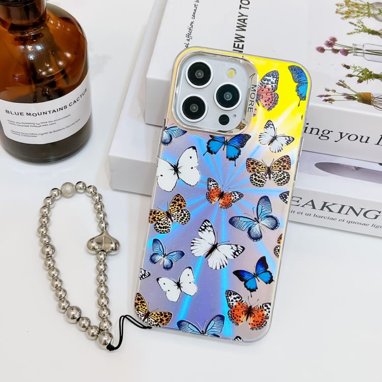 For iPhone 15 Pro Electroplating Laser Butterfly Phone Case with Wrist Strap(Color Butterflies AB1)