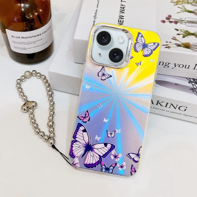 For iPhone 15 Electroplating Laser Butterfly Phone Case with Wrist Strap(Purple Butterflies AB3)