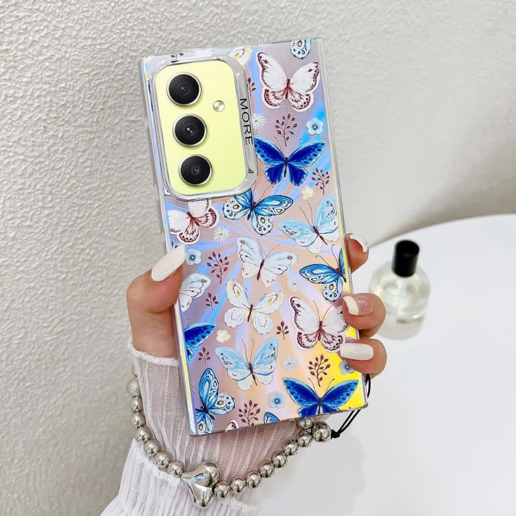 For Samsung Galaxy A34 5G Electroplating Laser Butterfly Phone Case with Wrist Strap(Blue Butterfli