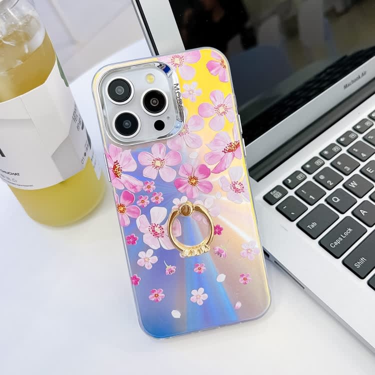 For iPhone 14 Pro Electroplating Laser Flower Ring Holder TPU Phone Case(Pink Flower AH13)