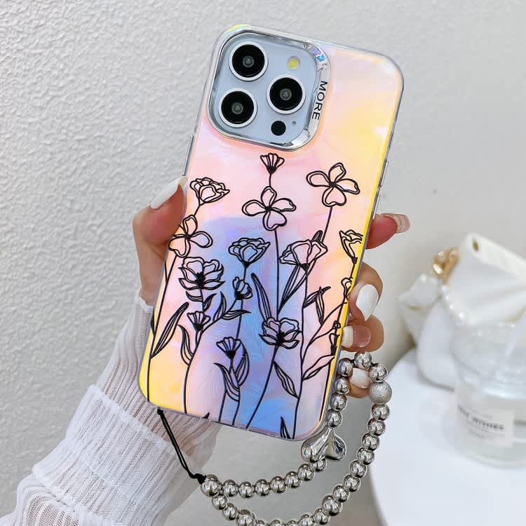For iPhone 15 Pro Max Electroplating Laser Flower Phone Case with Wrist Strap(Drawn Flowers AH3)
