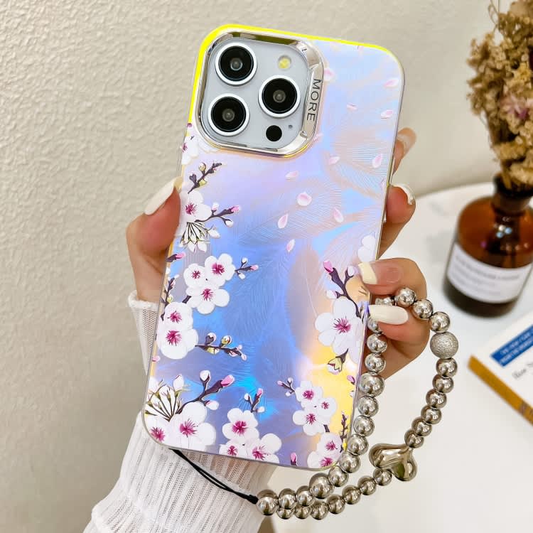 For iPhone 14 Pro Max Electroplating Laser Flower Phone Case with Wrist Strap(Plum Blossom AH18)