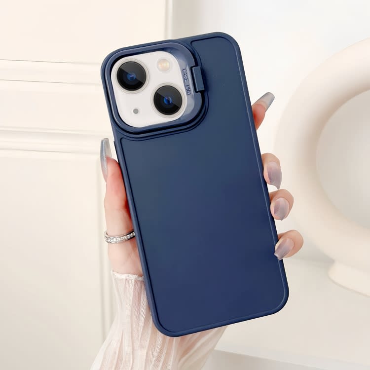 For iPhone 14 Lens Frame Holder Shockproof Phone Case(Blue)