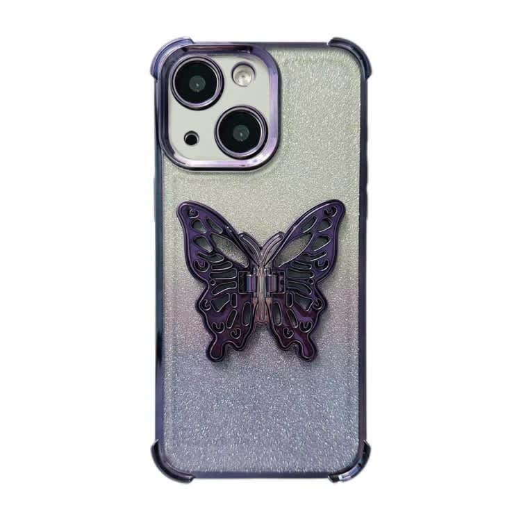 For iPhone 14 Electroplated Glitter 3D Butterfly Four-corner Shockproof TPU Phone Case(Gradient Pur