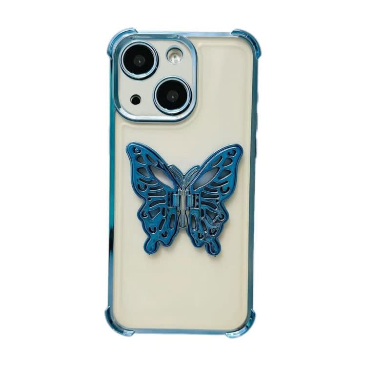 For iPhone 15 Plus Electrpolated 3D Butterfly Holder TPU Phone Case(Blue)