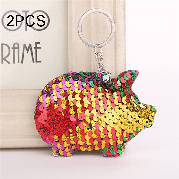 2PCS Cute Chaveiro Pig Keychain Glitter Pompom Sequins Key Chain Gifts for Women Llaveros Mujer Car