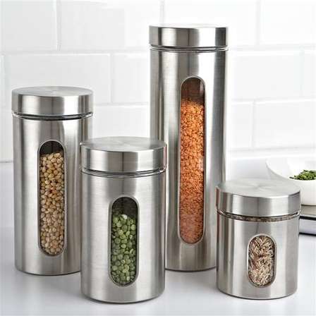 Kitchen Storage & Organisation - 4 piece Stainless Steel and Glass Canister Set with Window ...