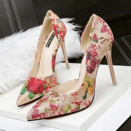 Gold Floral Print Pointed Toe High Heel 