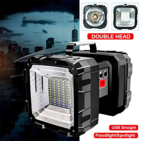 Super Bright Rechargeable Double Head LED Flashlight/Worklight - Built In Power Bank - 7 Light Modes