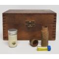 Antique Wooden Watchmaker`s Box with Miniature Bottle of Oil as per photo