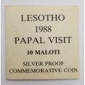 1988 Lesotho Papal Visit 10 Maloti Silver Proof Commemorative Coin as per photo