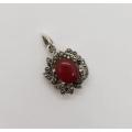 925 Sterling Silver Vintage Marcasite and Coral Pendant weight 4.5g as per photo