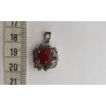 925 Sterling Silver Vintage Marcasite and Coral Pendant weight 4.5g as per photo