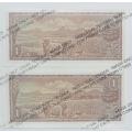 Lot of 2 uncirculated/consecutive T W de Jongh R1 Banknotes as per photo