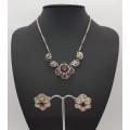 Costume jewellery necklace and clip on earring set with purple stones - as per photo