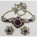 Costume jewellery necklace and clip on earring set with purple stones - as per photo