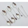 Set of 6 Hallmark Silver spoons and sugar tong in box - as per photo