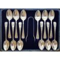 Set of 12 Hallmark Silver spoons and sugar tongs in box- as per photo
