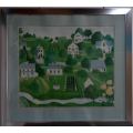 VERY LARGE FRAMED PRINT GREEN GRASS AND HOUSES - from SUEZYT