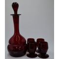HEAVY RED GLASS DECANTER WITH 4 GLASSES - VINTAGE - from SUEZYT