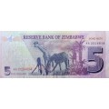 Five Dollars  - ZIMBABWE - Bond Note  - AA Serial Number