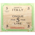 ALLIED MILITARY CURRENCY ITALY - 5 LIRE - 1943 - EF - A Series !  Rare to see in this condition !