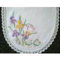 Oval white linen hand embroidered tray cloth