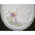 Oval white linen hand embroidered tray cloth