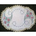 Vintage white linen hand embroidered tray cloth