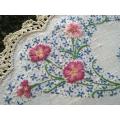 Vintage white linen hand embroidered tray cloth