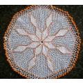 White cotton crochet doilie with orange glass beads 22cm