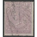 Cape of Good Hope -  1865  QV  REVENUE   One Half Penny Lilac Wmk Crown CC  BF 13