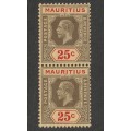 MAURITIUS -  1913-1923  KGV  25c vertical pair black and red  Die I  *MM/MNH**