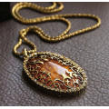 Oval Amber Hollow Rhinestone Long Chain Pendant Necklace