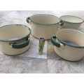 vintage judge cream and green enamel pots and one bowl