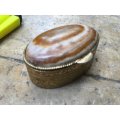 vintage oval stone Gold tone Trinket box with double section inner
