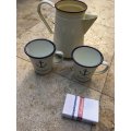 vintage enamel coffee pot with 2 enamel maritime cups