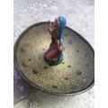 vintage brass arabic footed bowl with pvc saint figure italy