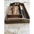 vintage wooden wood cutlery tray , with randum old cutlery