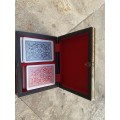 WOODEN 2 DECK PLAYING spanish CARD BOX (with Cards) Painted in the style of Marquetry, red felt