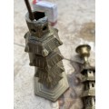 vintage brass pagoda incense holder and pagoda candle stick holder pair