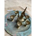 vintage miniature brass turkish tea set on copper plate