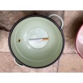 vintage judge cream and green enamel mixing bowl , pink and red rim with green enamel bowl