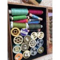 vintage sewing kit wooden box with cotton thread 8 thimbles thimble lot and sheffield scissors