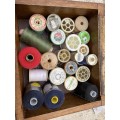 vintage sewing kit  cotton thread , thimbles thimble lot in wood wooden box