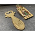 vintage greek brass enamel bottle opener and peg pair , owl with ship athens