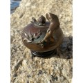 antique bronze chinese teapot tea pot on wood pedestal signed