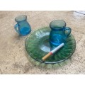 vintage italian cerve blue glass miniature pitcher pair with green saucer